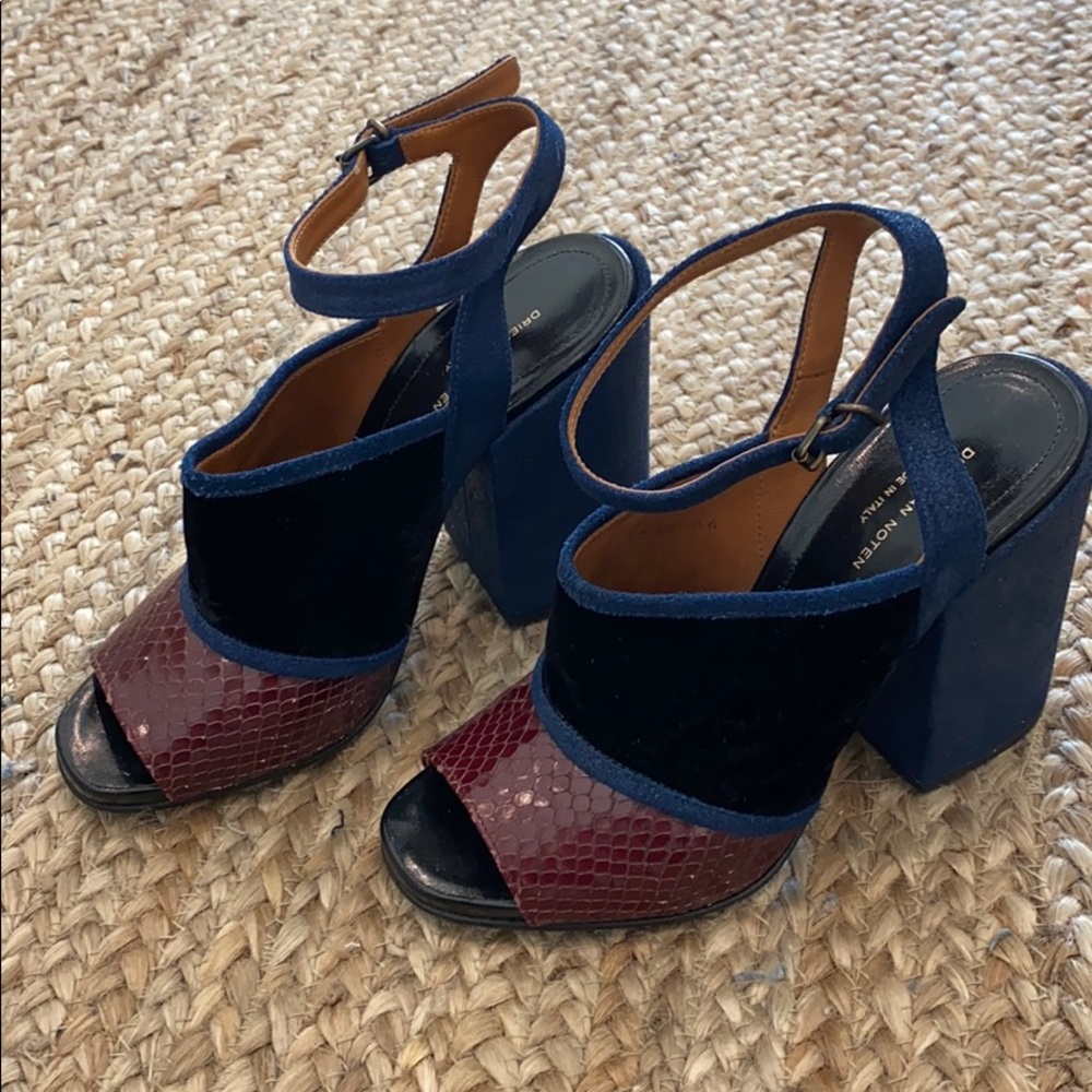 Dries Van Noten blue/burgundy/oxblood strappy block heel.